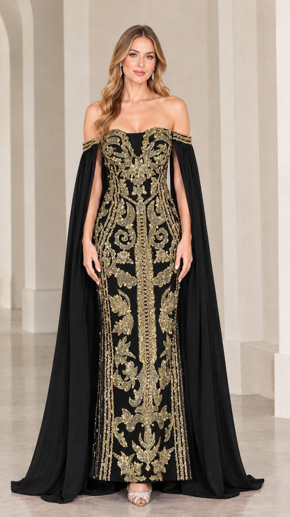 Black and gold off-the-shoulder cape sleeve formal evening dress