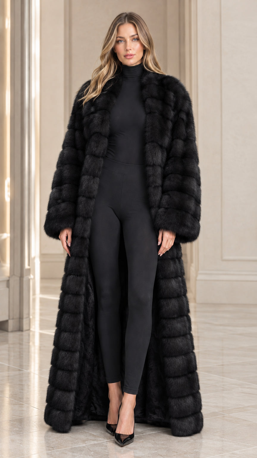 Front view of model wearing black full-length plush faux fur maxi coat