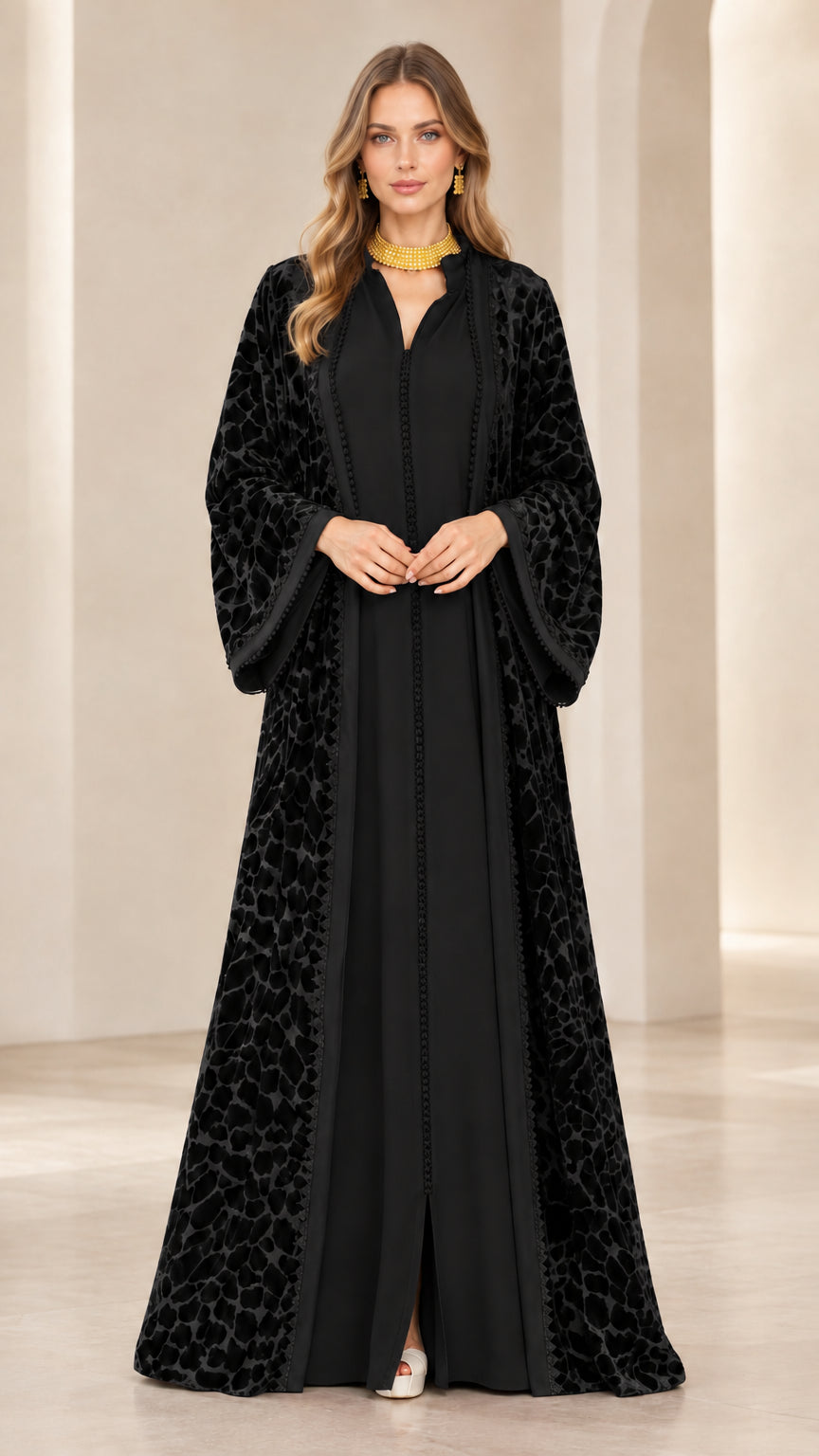 Black burnout velvet modest abaya maxi dress