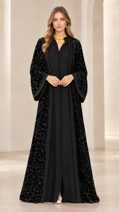 Black burnout velvet modest abaya maxi dress