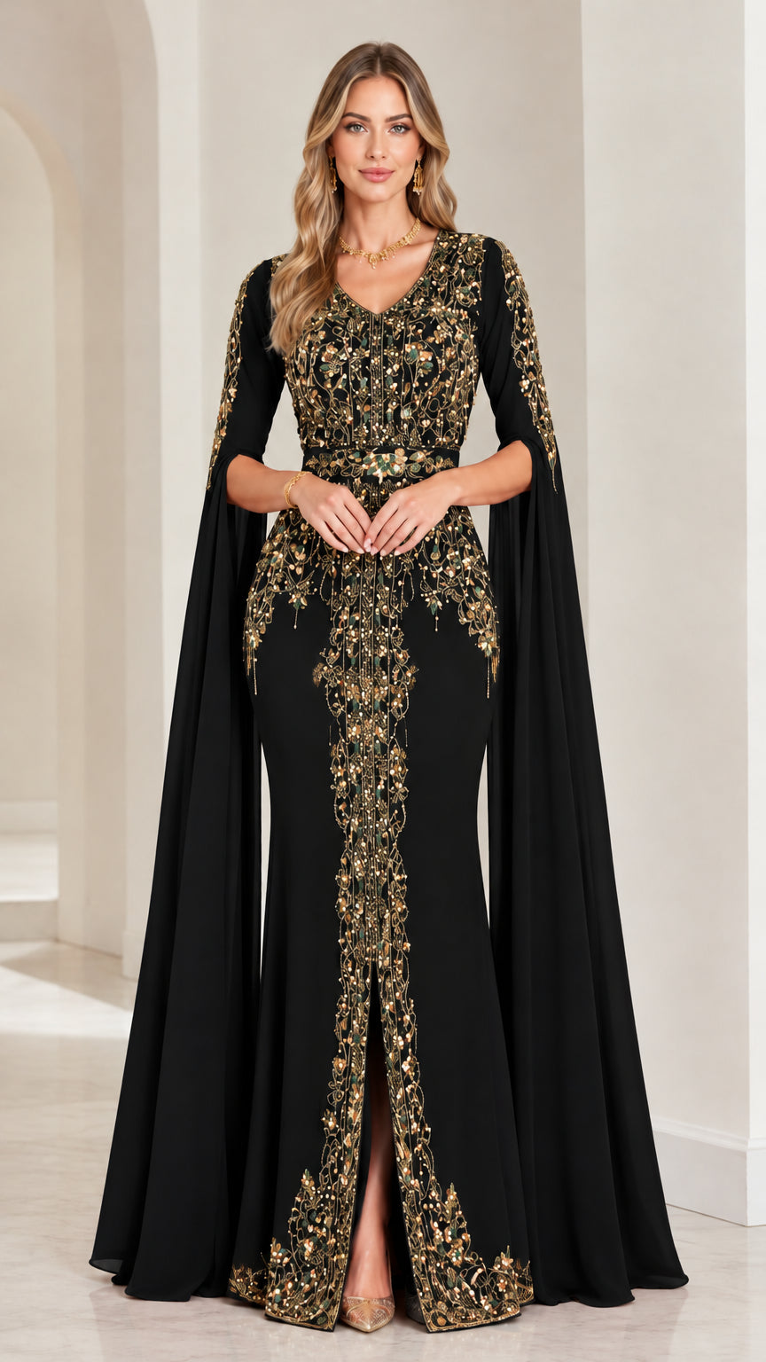 Full front view of black cape sleeve evening gown with gold embroidery