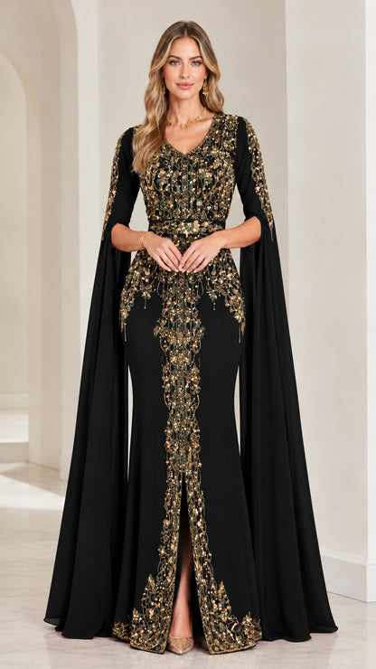 Full front view of black cape sleeve evening gown with gold embroidery