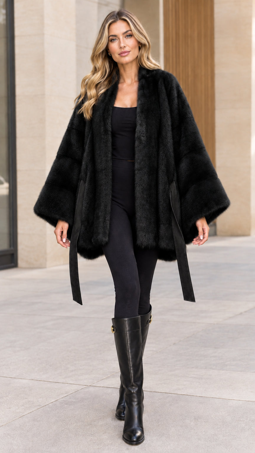 Black belted faux fur cape coat on model styled with knee-high boots