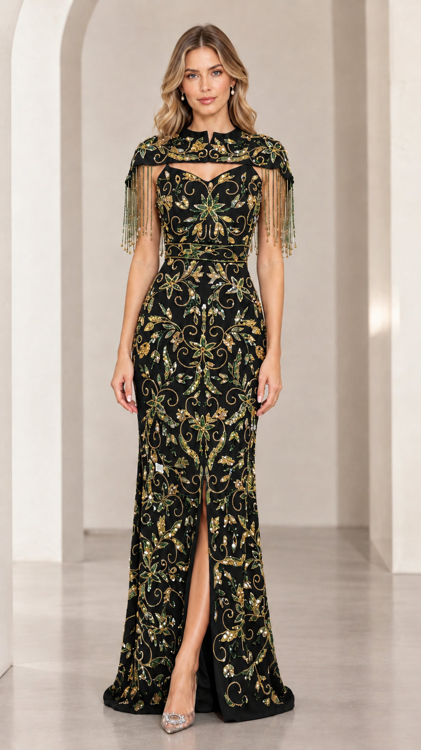 Black evening gown with gold beaded fringe capelet overlay