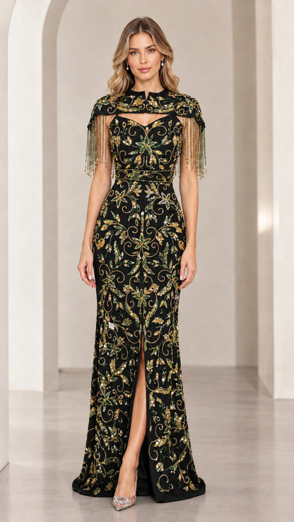 Black evening gown with gold beaded fringe capelet overlay