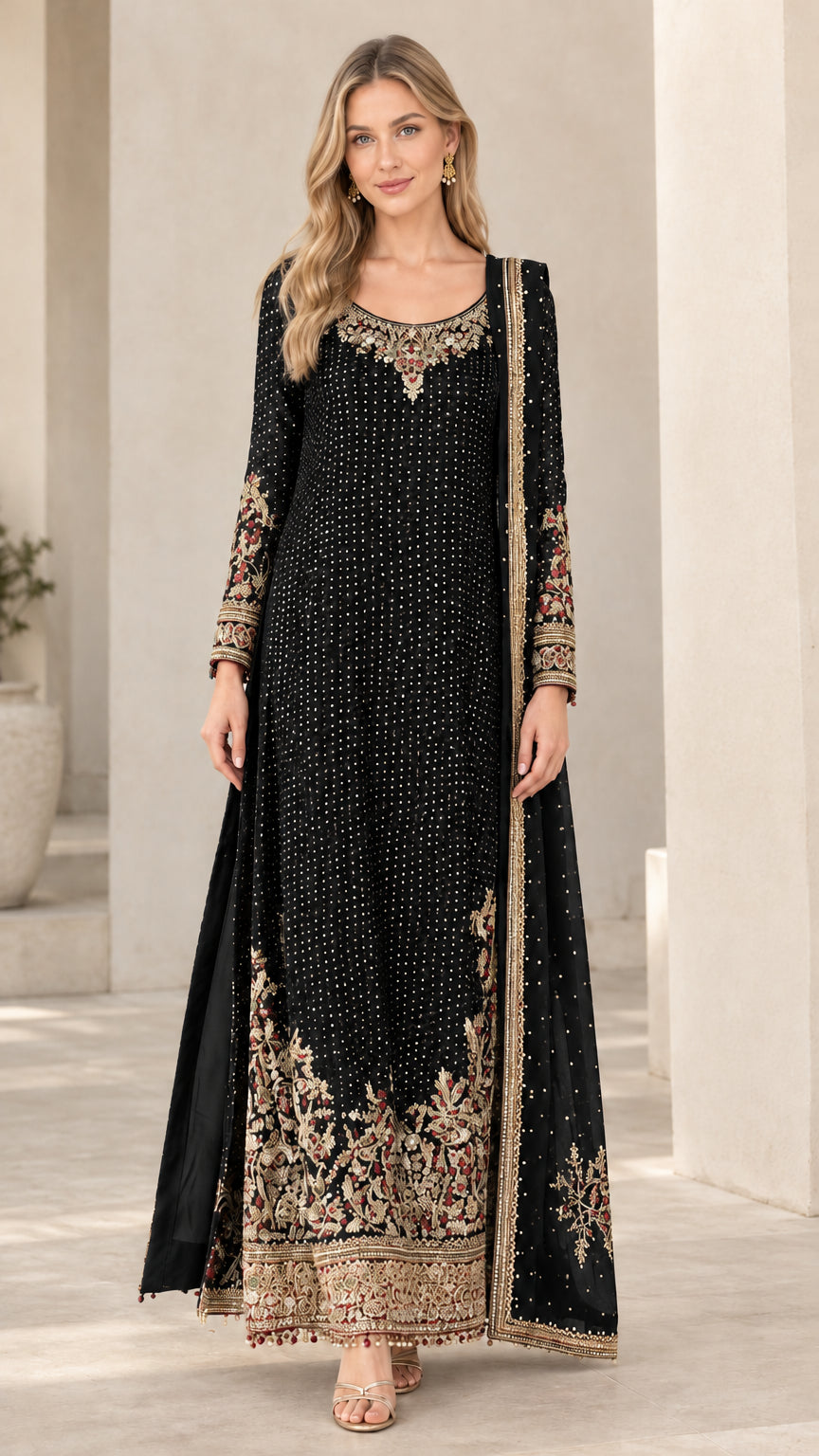 Full front view of black embroidered long sleeve evening gown
