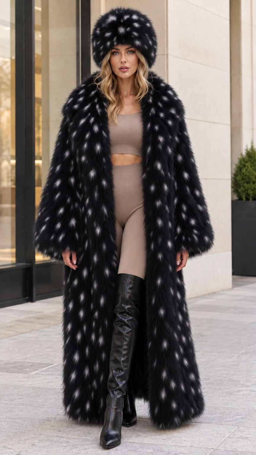 Front view of black spotted faux fur maxi coat with matching plush hat