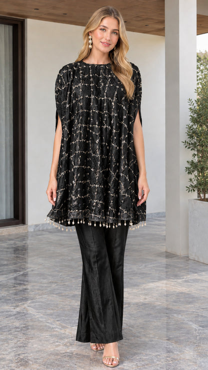 Black embroidered cape tunic and wide leg pant set front view