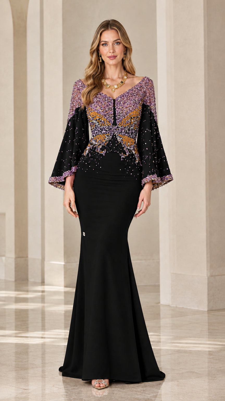 Black beaded V-neck mermaid evening dress with flared sleeves