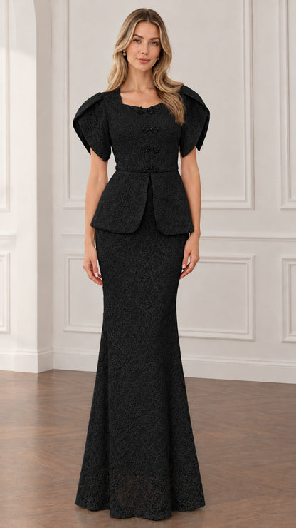 Front view of black lace peplum evening maxi dress with pearl accents