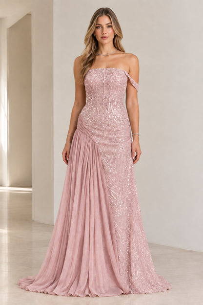 Dusty rose off-the-shoulder sequin evening dress with pleated skirt drape