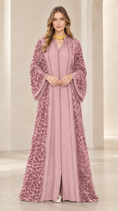 Dusty pink burnout velvet evening abaya gown