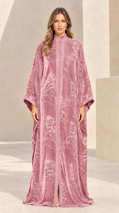 Front full-length view of dusty pink embroidered velvet maxi kaftan dress