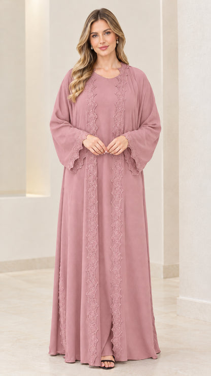Front view of women's dusty rose pink lace-embellished abaya dress