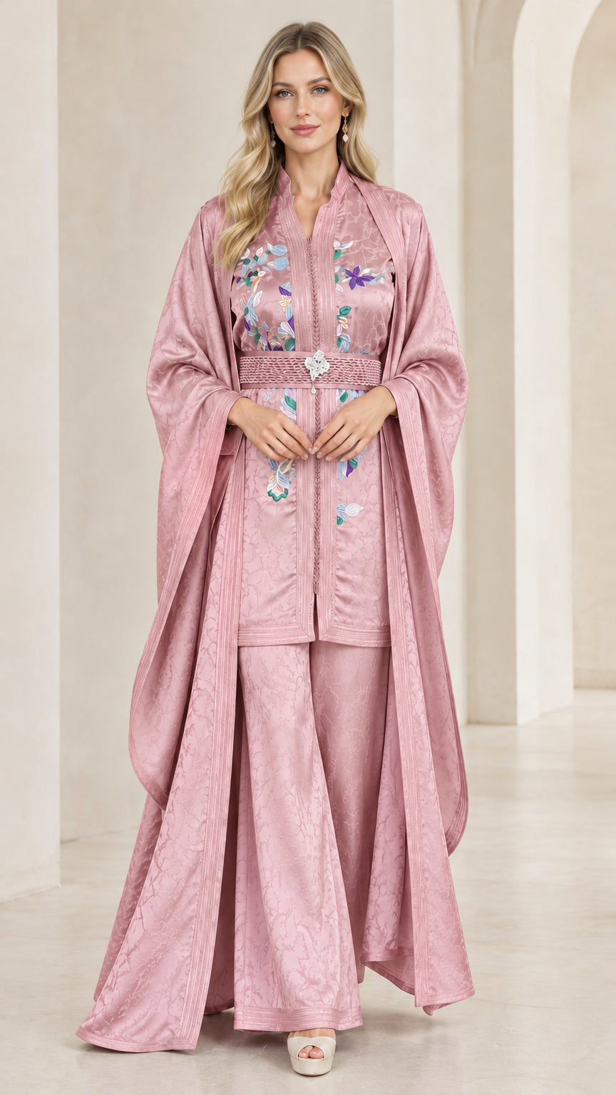 Front view of model wearing Dusty Rose pink 3-piece embroidered kaftan pant set