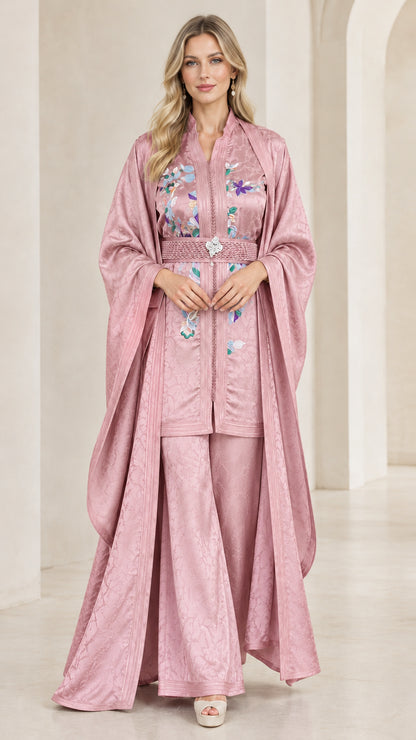 Front view of model wearing Dusty Rose pink 3-piece embroidered kaftan pant set