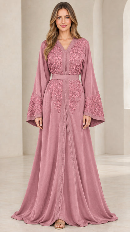Dusty rose embroidered bell sleeve kaftan dress front view