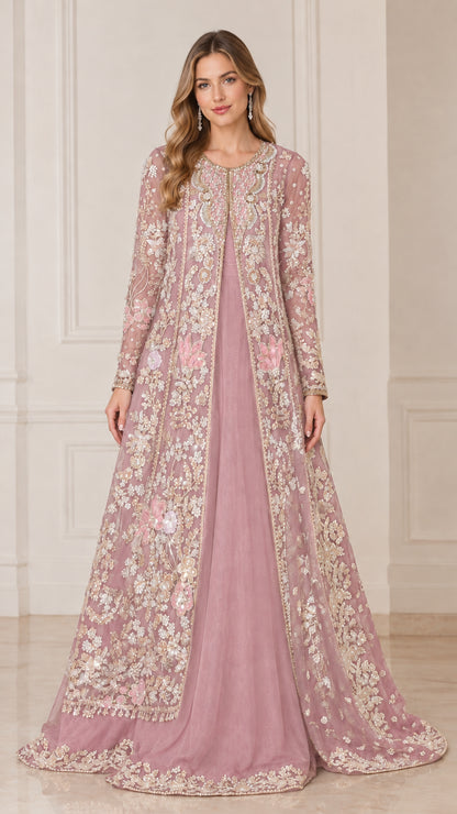 Dusty rose pink floral embroidered beaded maxi jacket evening gown