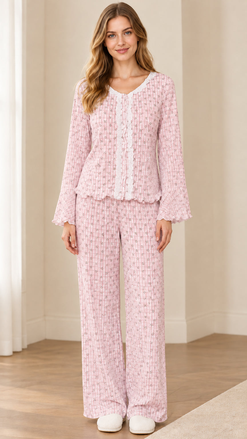 Front view of model wearing Light Pink floral lace-trim pajama set