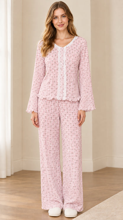 Front view of model wearing Light Pink floral lace-trim pajama set