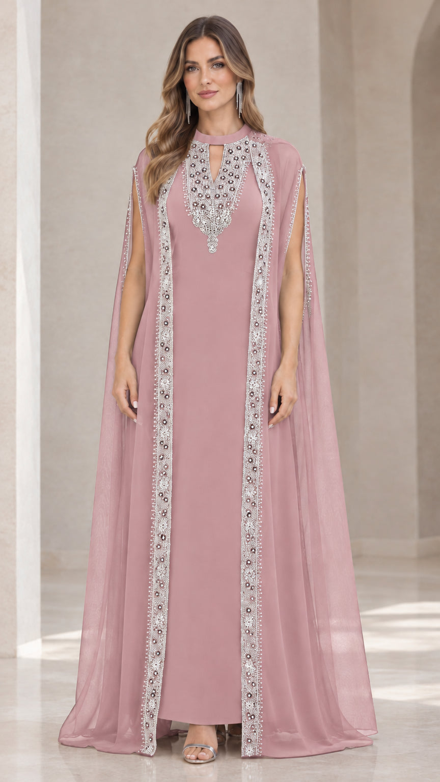 Dusty pink embellished cape evening gown floor-length formal dress