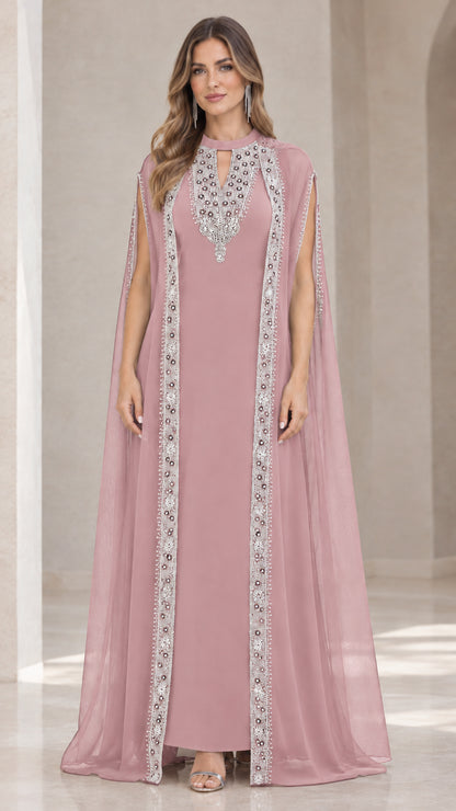 Dusty pink embellished cape evening gown floor-length formal dress