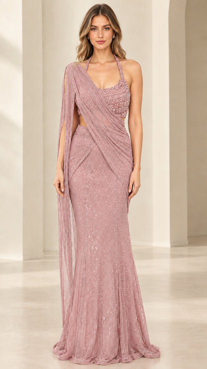 Dusty rose sequin embellished halter formal maxi gown