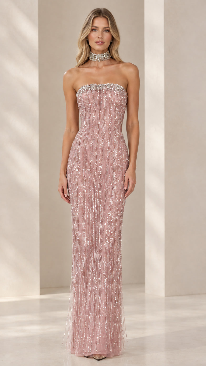 Front view of Blush Pink strapless beaded evening gown with sparkling crystal trim