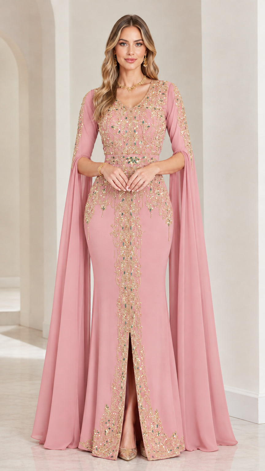 Full front view of dusty pink cape sleeve evening gown with gold embroidery