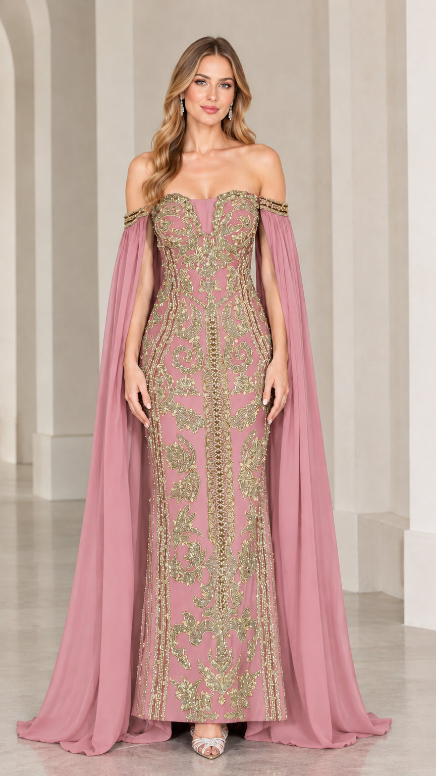 Dusty pink and gold embroidered column evening gown with cape sleeves