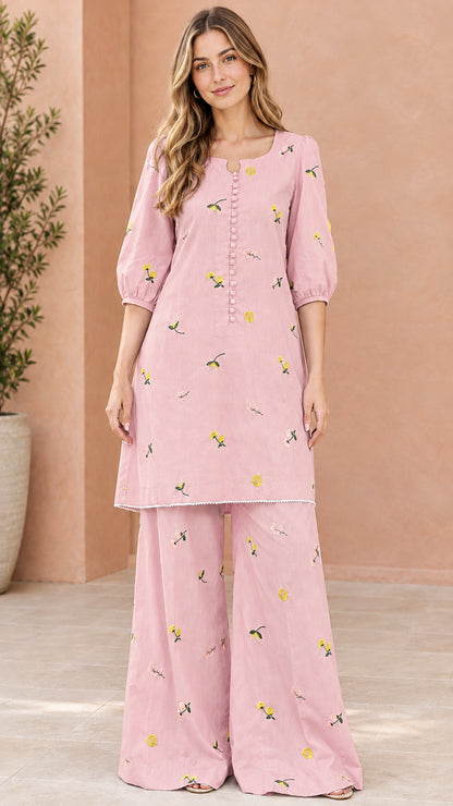 Dusty pink floral embroidered two-piece tunic and palazzo pants set