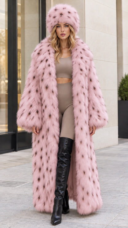 Front view of dusty pink spotted faux fur maxi coat with matching plush hat