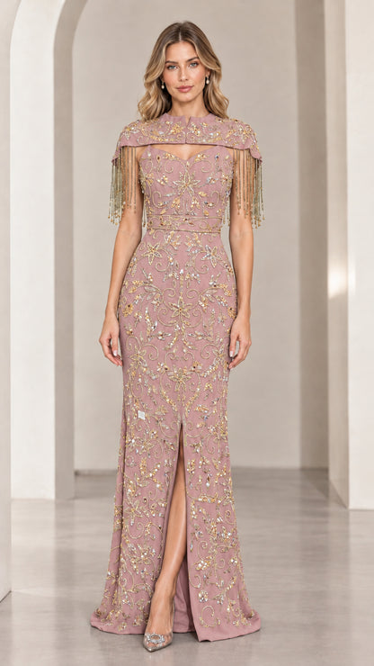 Dusty pink embellished formal gown with beaded fringe shoulders