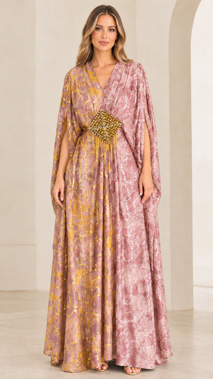 Rose pink and champagne gold two-tone kaftan dress