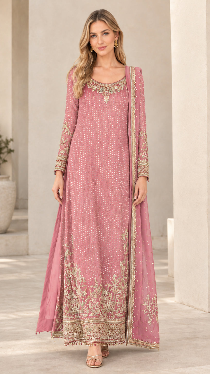 Full front view of dusty pink embroidered maxi dress with scarf