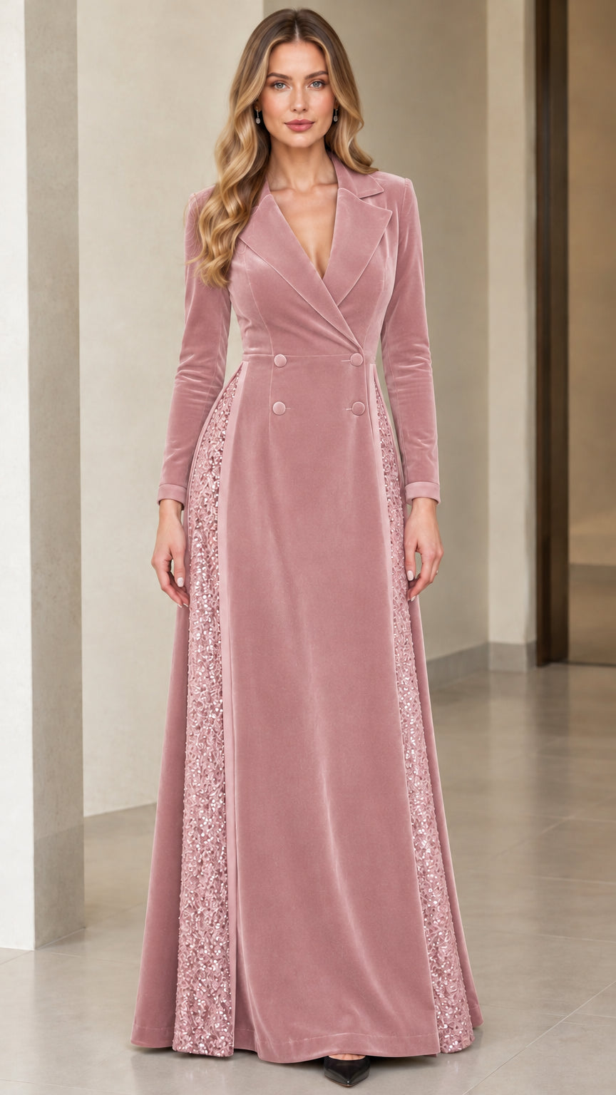 Front view of dusty rose pink velvet maxi blazer dress with matching sequin inserts