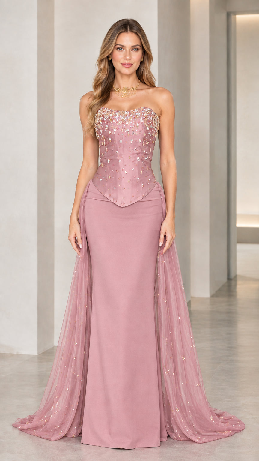 Model wearing dusty rose strapless beaded corset formal gown with tulle overskirt