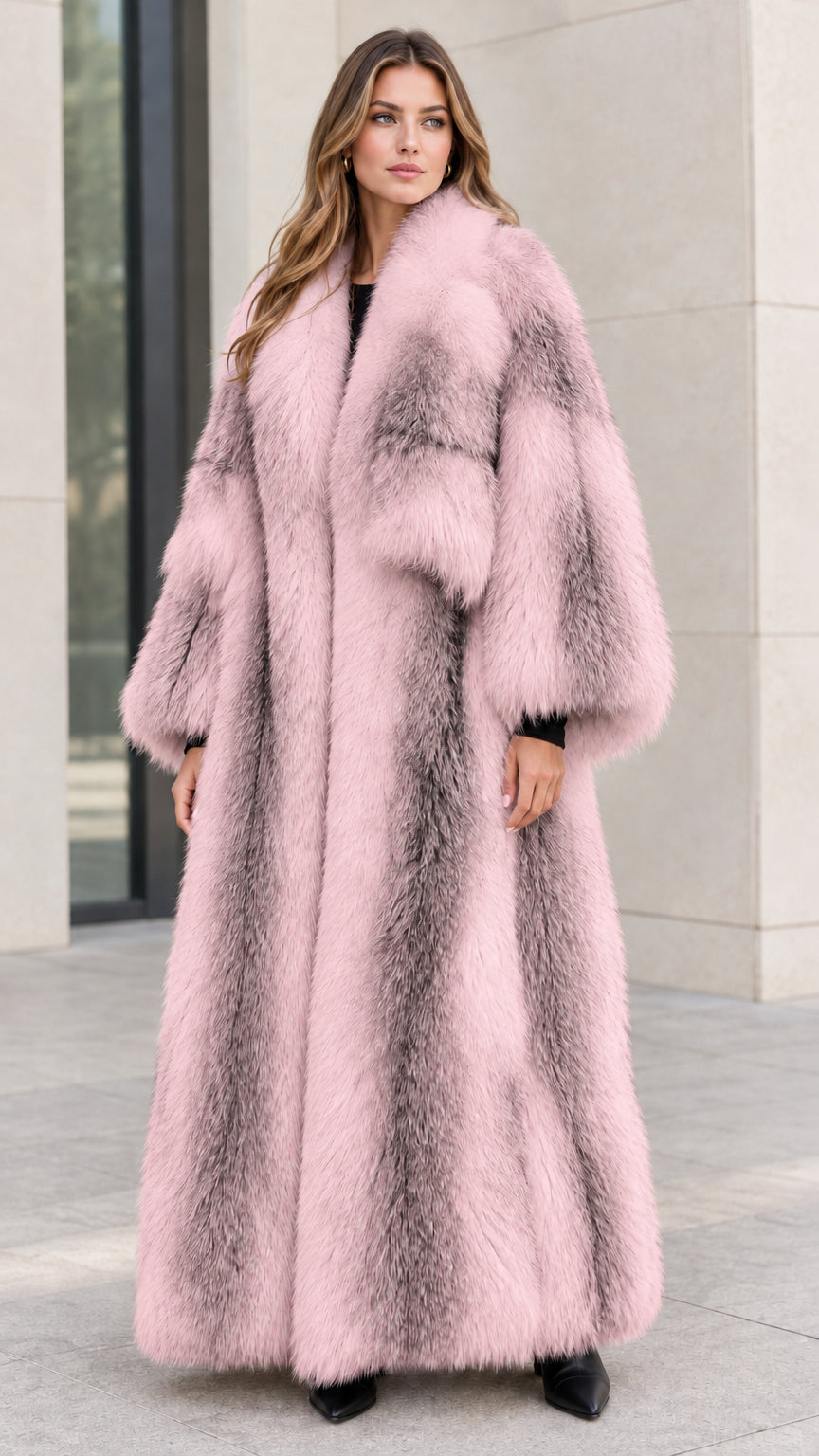 Model wearing Blush Pink frosted floor-length faux fur maxi coat