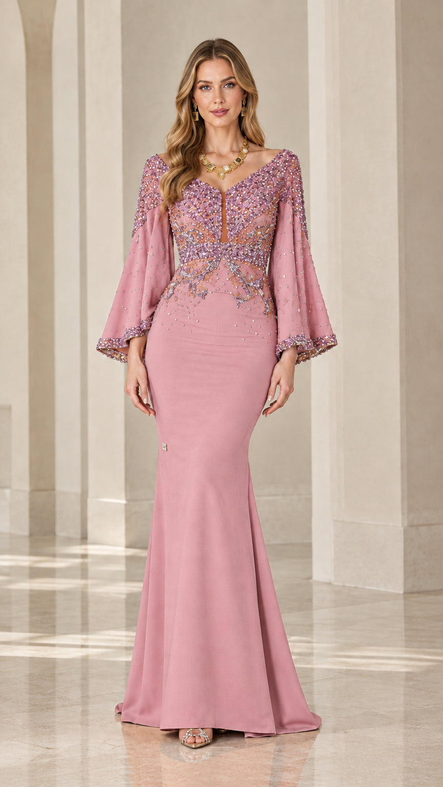 Dusty rose pink embellished bell sleeve evening gown