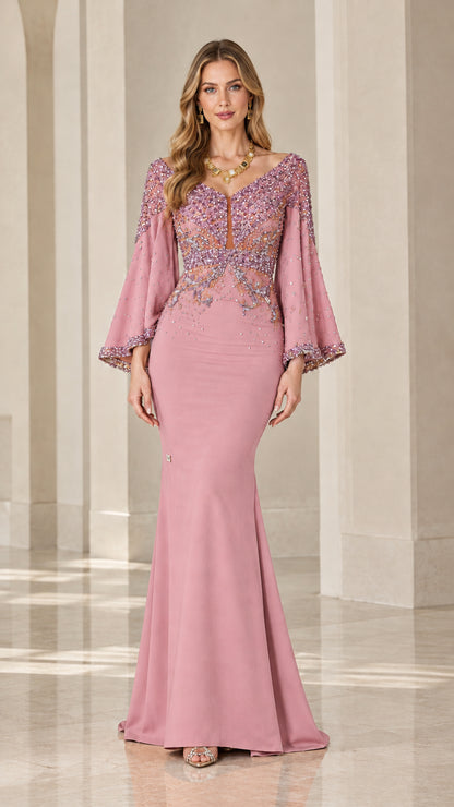 Dusty rose pink embellished bell sleeve evening gown