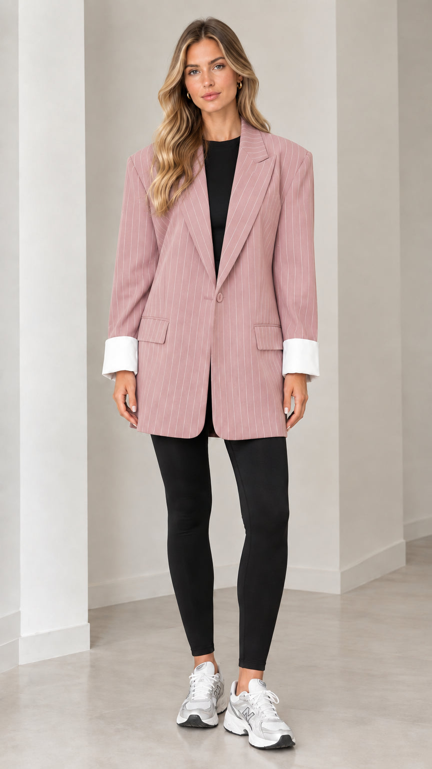 Front view of model wearing dusty pink pinstripe oversized blazer with white cuffs