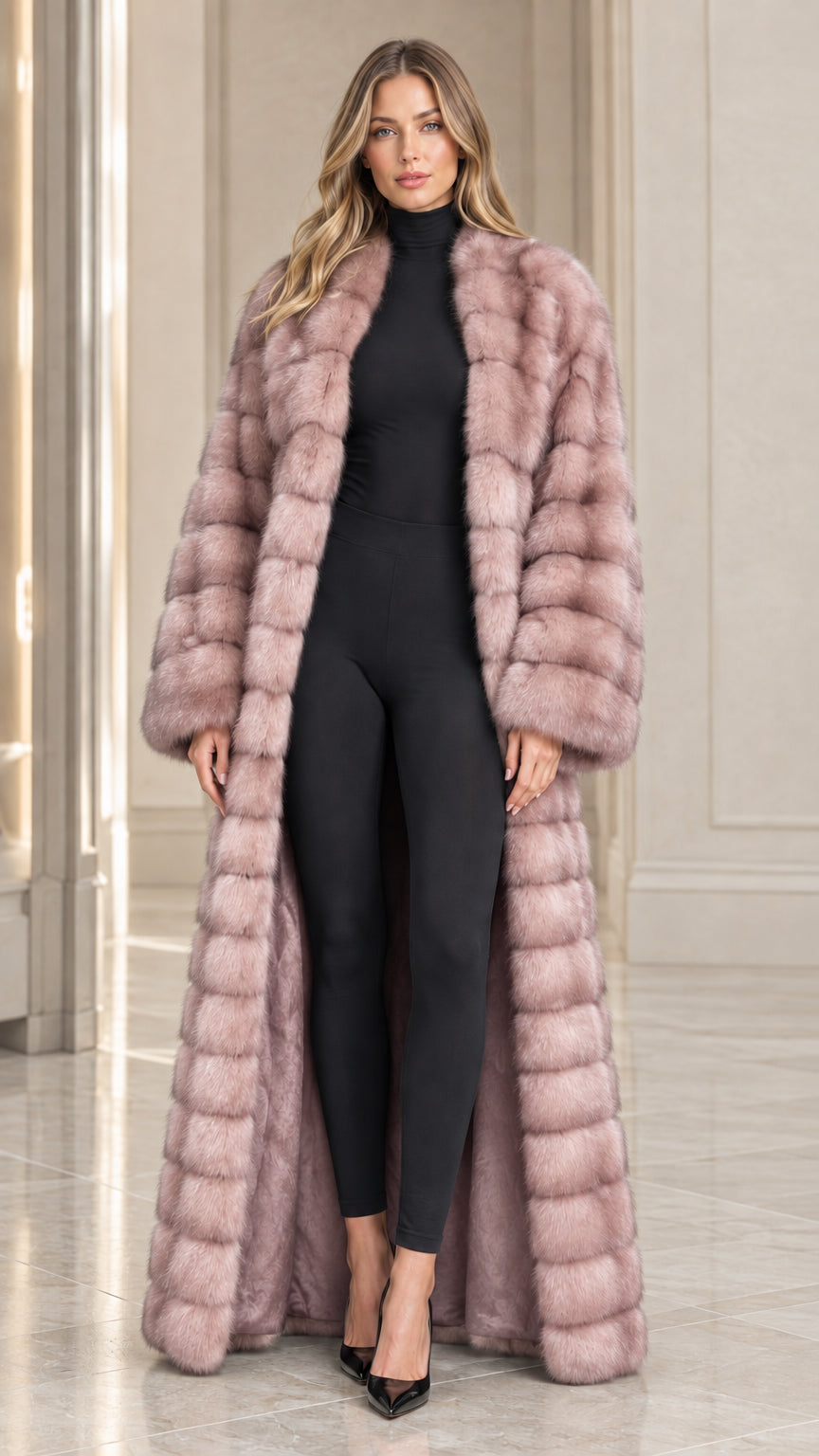Front view of model wearing dusty pink full-length plush faux fur maxi coat