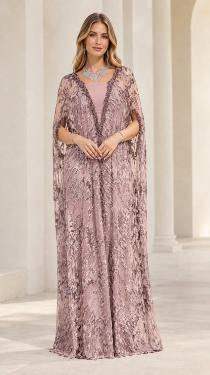 Dusty Rose sequined cape evening gown front view