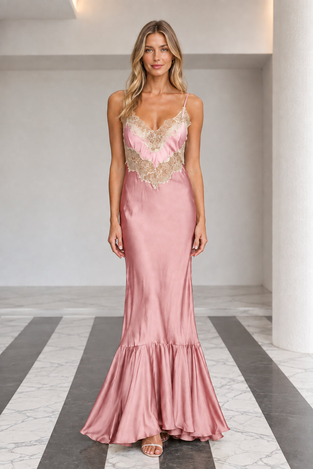 Front view of dusty pink satin lace trim maxi dress with mermaid ruffle hem