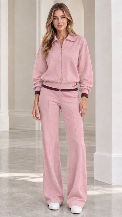 Full front view of women's dusty pink collared zip-up tracksuit set with wide-leg pants