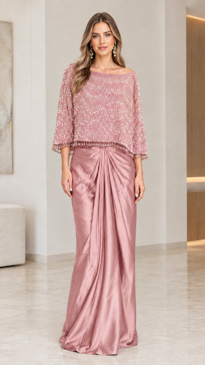 Full-length view of the formal evening gown in Dusty Rose