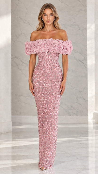Full front view of blush pink off-the-shoulder embellished column evening gown