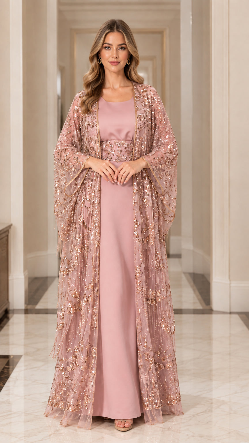 Dusty pink sequin embroidered modest cape formal maxi dress