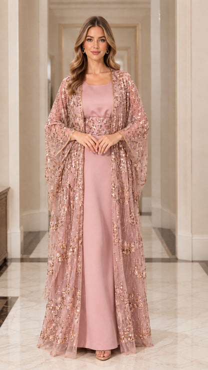 Dusty pink sequin embroidered modest cape formal maxi dress