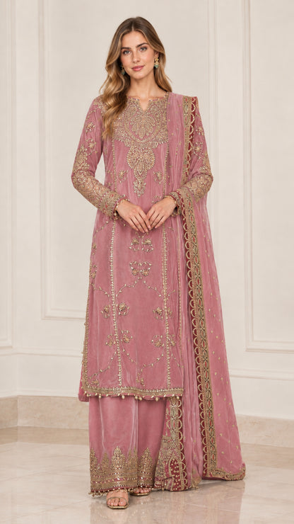 Dusty pink embroidered velvet kurta palazzo set with matching dupatta